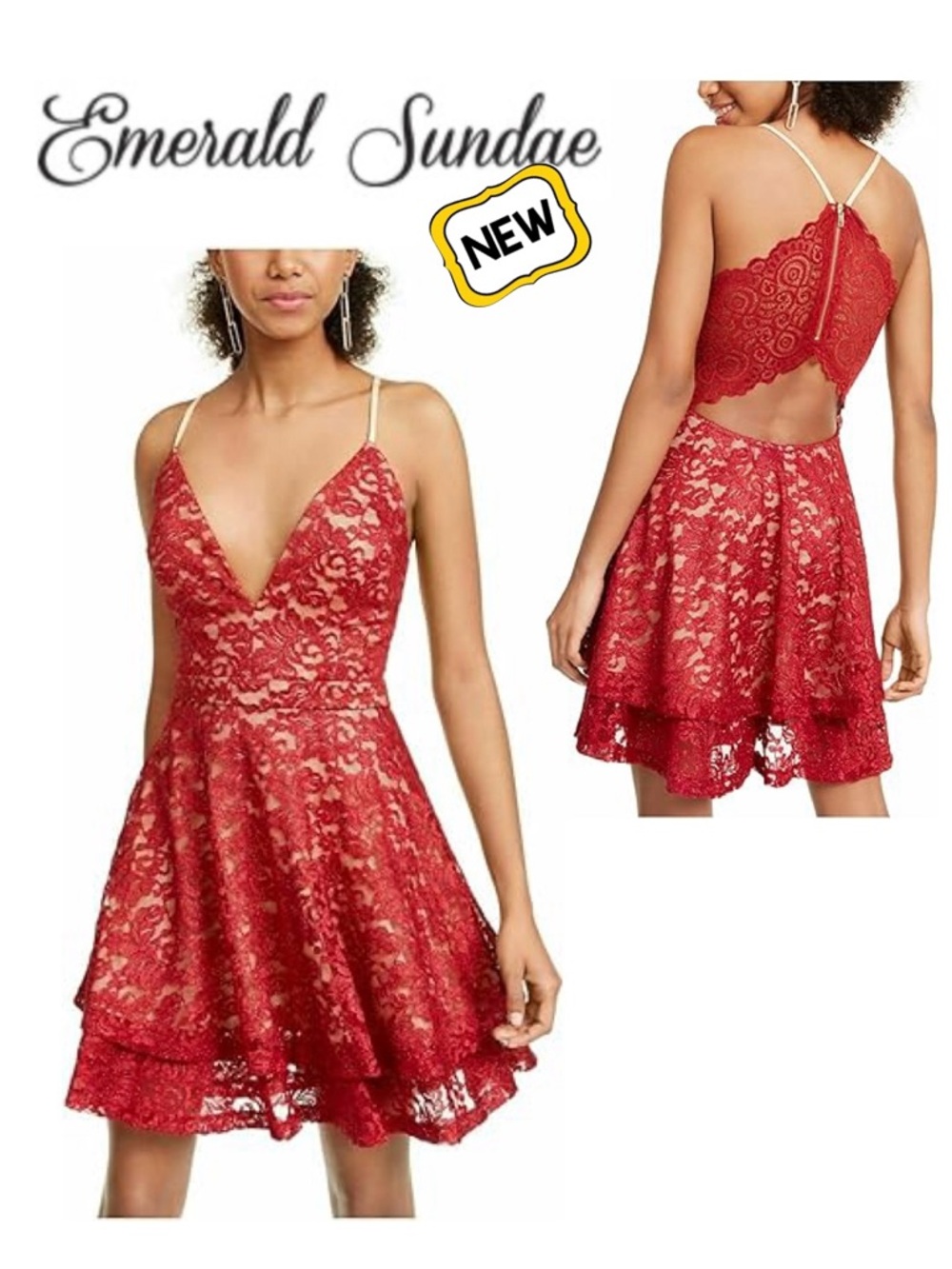 EMERALD SUNDAE Red Lace Racerback Fit & Flare Sparkly Dress Prom Cocktail Wmn S